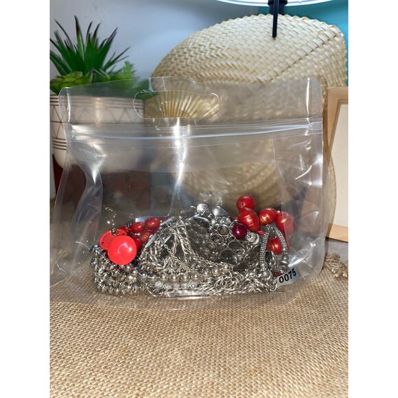 Mystery Jewelry Jar Bag Mostly Silver Tone & Red Costume Jewelry Most Preowned - Picture 4 of 4